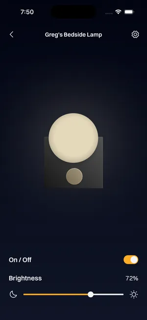 Device page for the lamp with on/off and brightness controls